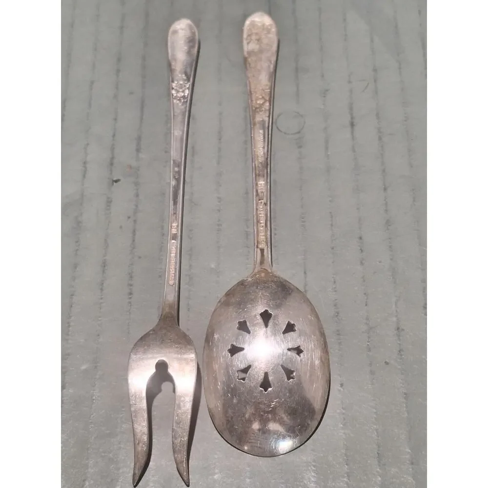 1847 Rogers Bros Adoration Silverplate Pickle Fork Pierced Serving Spoon Set